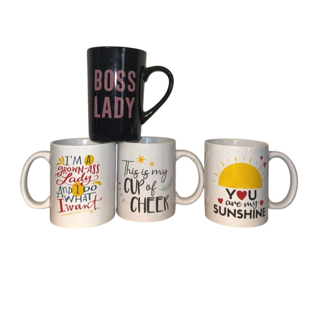 Set Of 4 Inspirational Coffee Mugs: "Boss Lady" "Grown-Ass Lady" "Cup Of Cheer"
